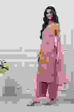 Peach Poly Georgette Straight Suit Set image number 4