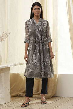 Grey Printed Pleated A-Line Kurta image number 5
