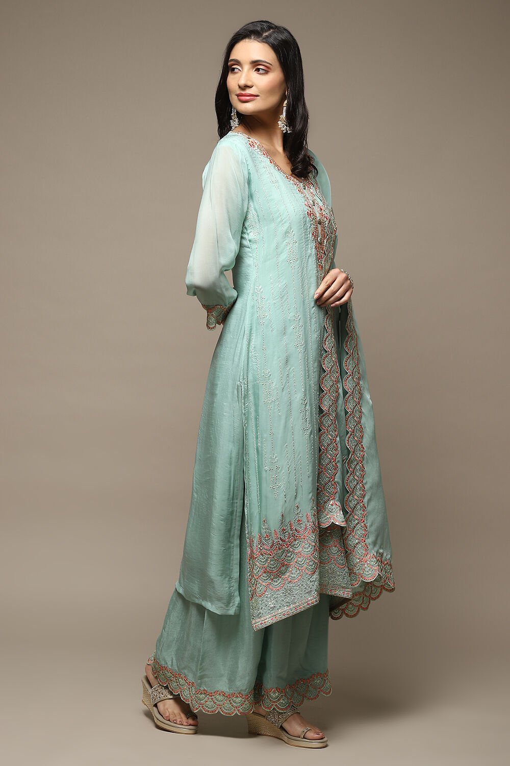 Turquoise Organza Machine Embroidered Unstitched Suit Set image number 7