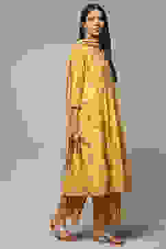 Yellow Cotton Gathered Kurta Palazzo Suit Set image number 5