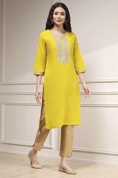 Lime Green Cotton Straight Solid Kurta image number 4