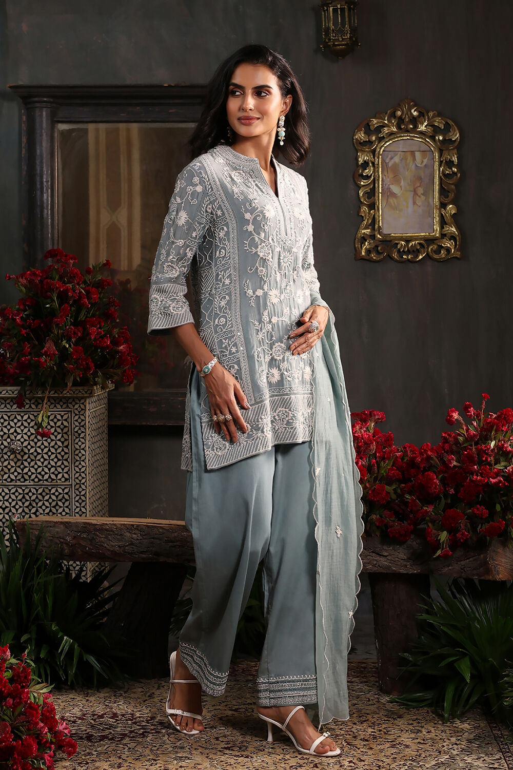 Earthy Blue Chanderi Embroidered Straight Suit Set image number 7