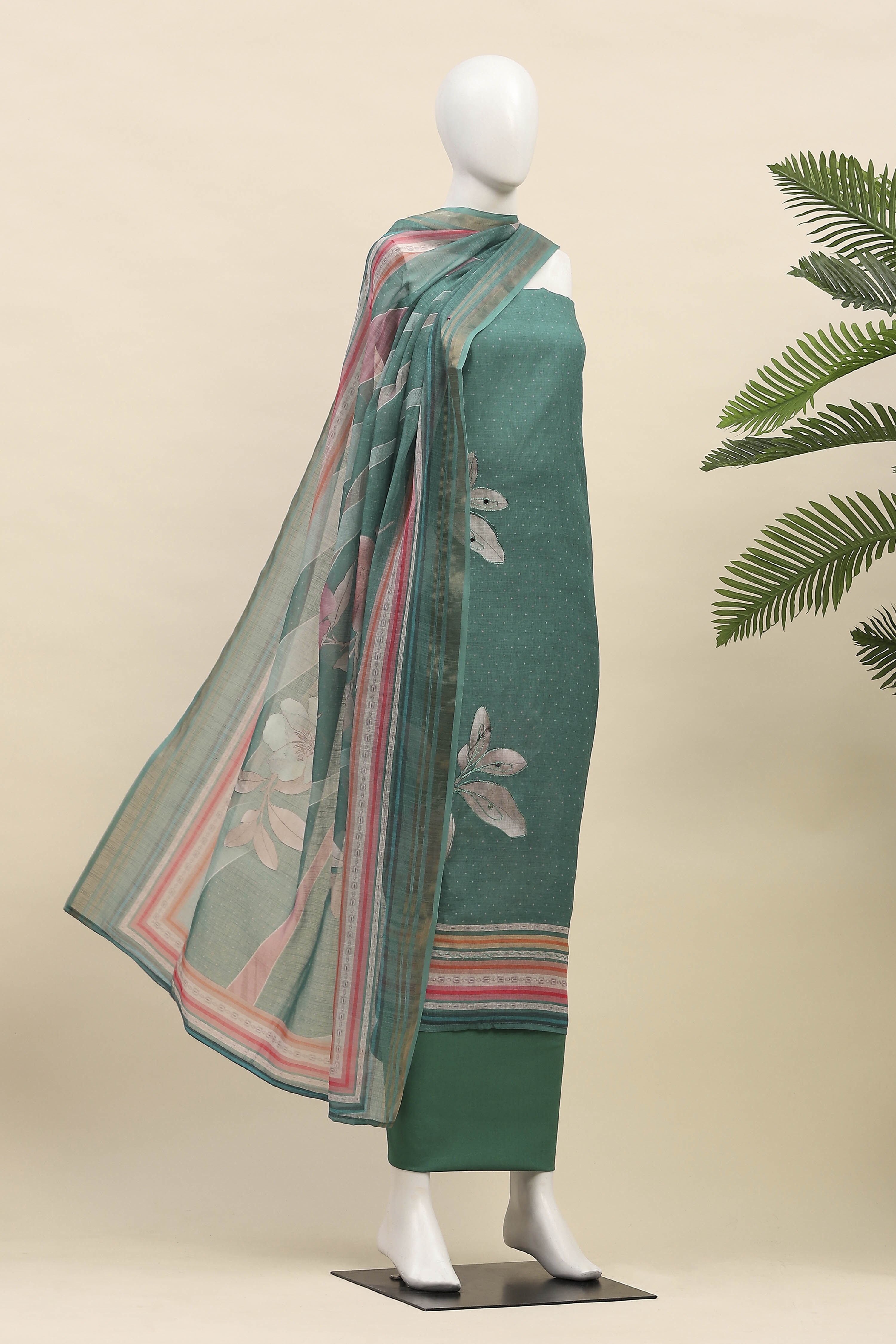 Green Linen Unstitched Suit Set image number 4