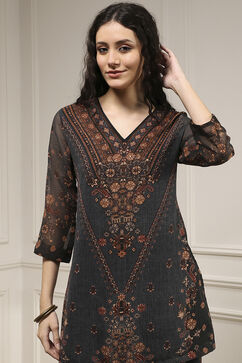 Charcoal Black Polyester Straight Printed Sharara Suit Set image number 1