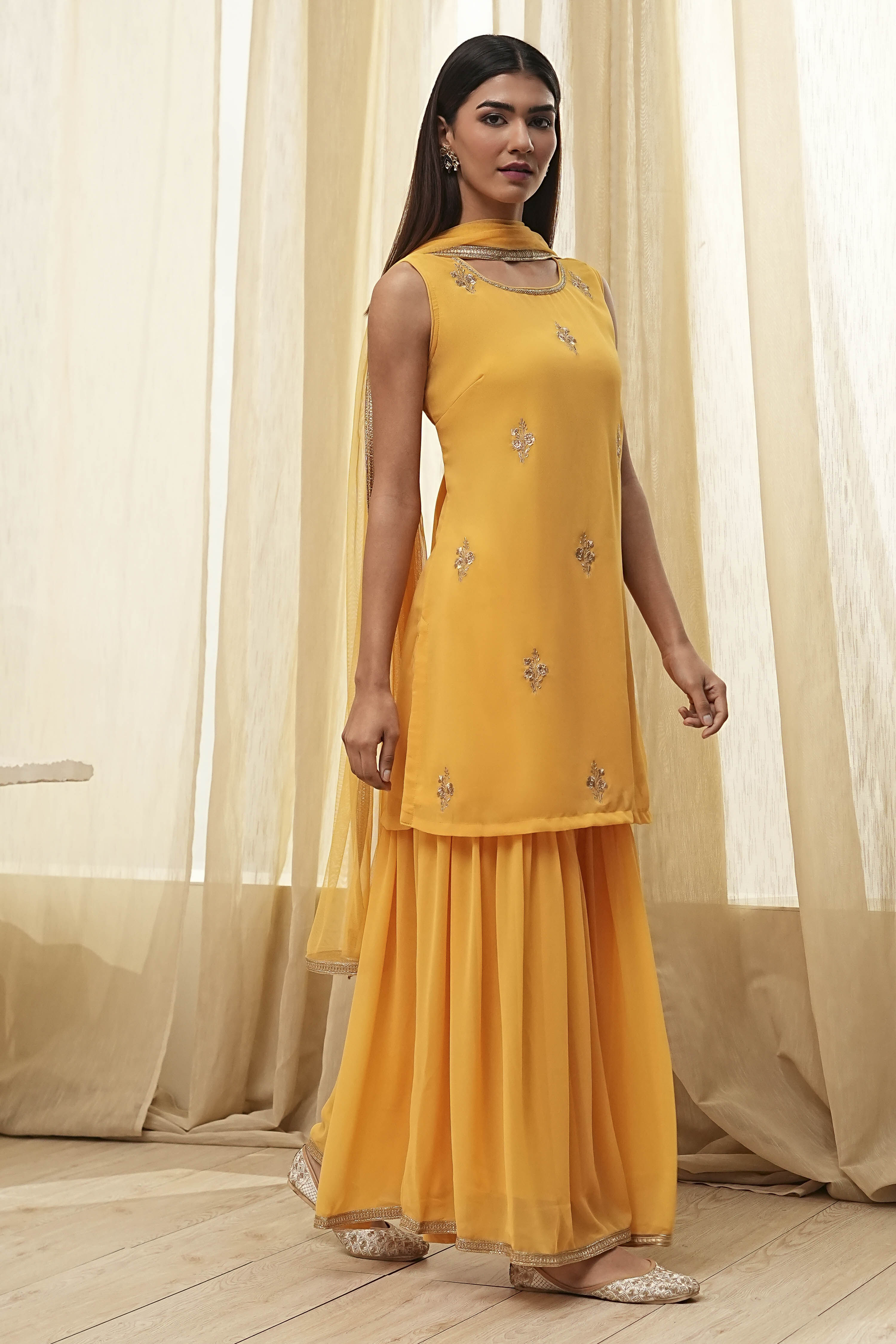 Ochre Yellow Embroidered Straight Suit Set image number 5