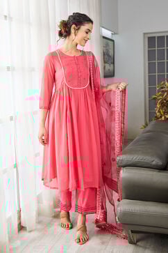 Pink Embroidered Gathered Kurta & Palazzo Suit Set image number 5