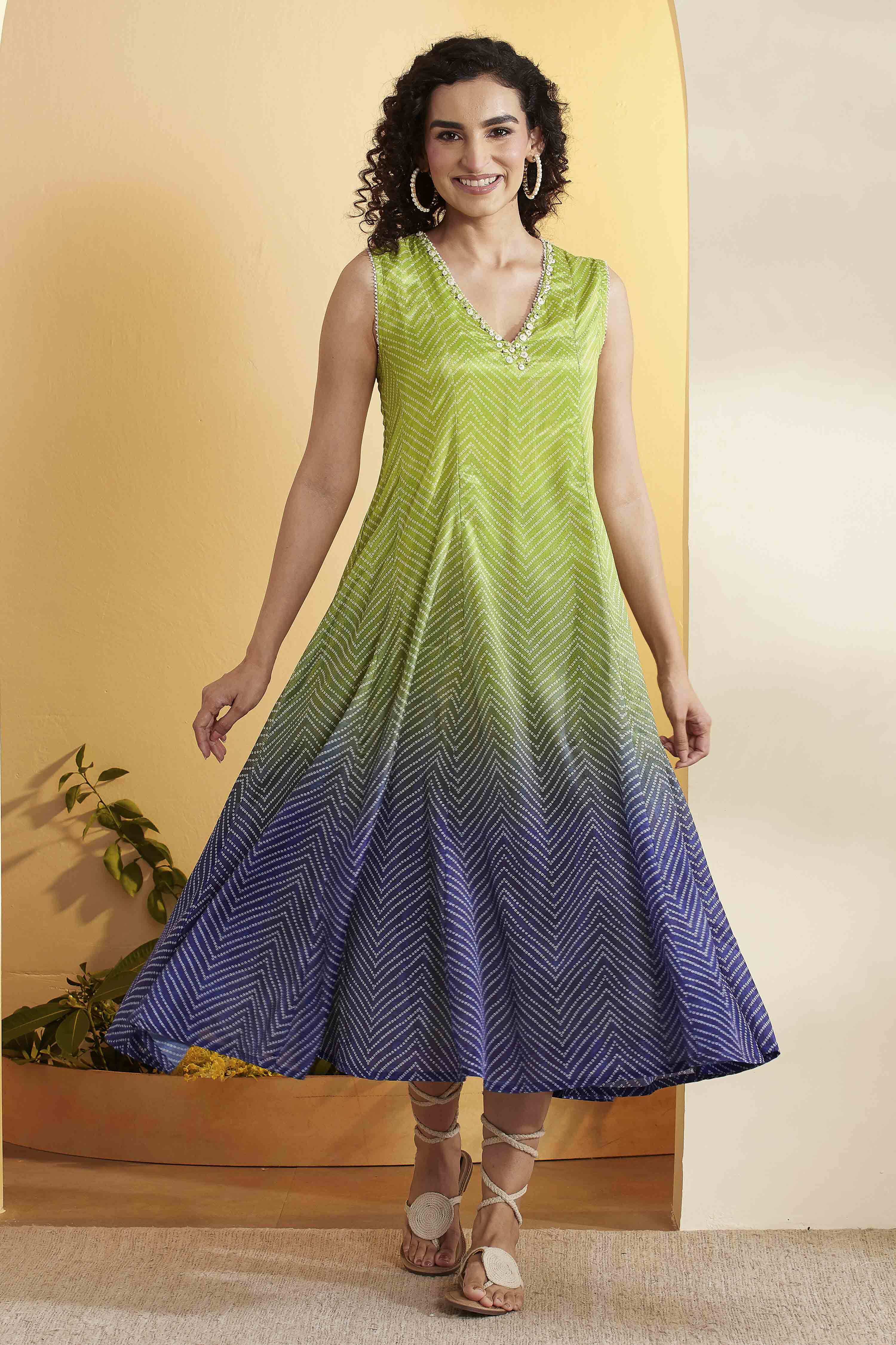 Green Chevron Printed Fit-and-Flare Dress image number 5