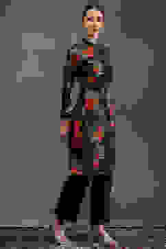 Rohit Bal Black Silk Chanderi Floral Printed Straight Kurta Set image number 5