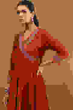 Rust Embroidered Angrakha Festive Anarkali Suit Set image number 4