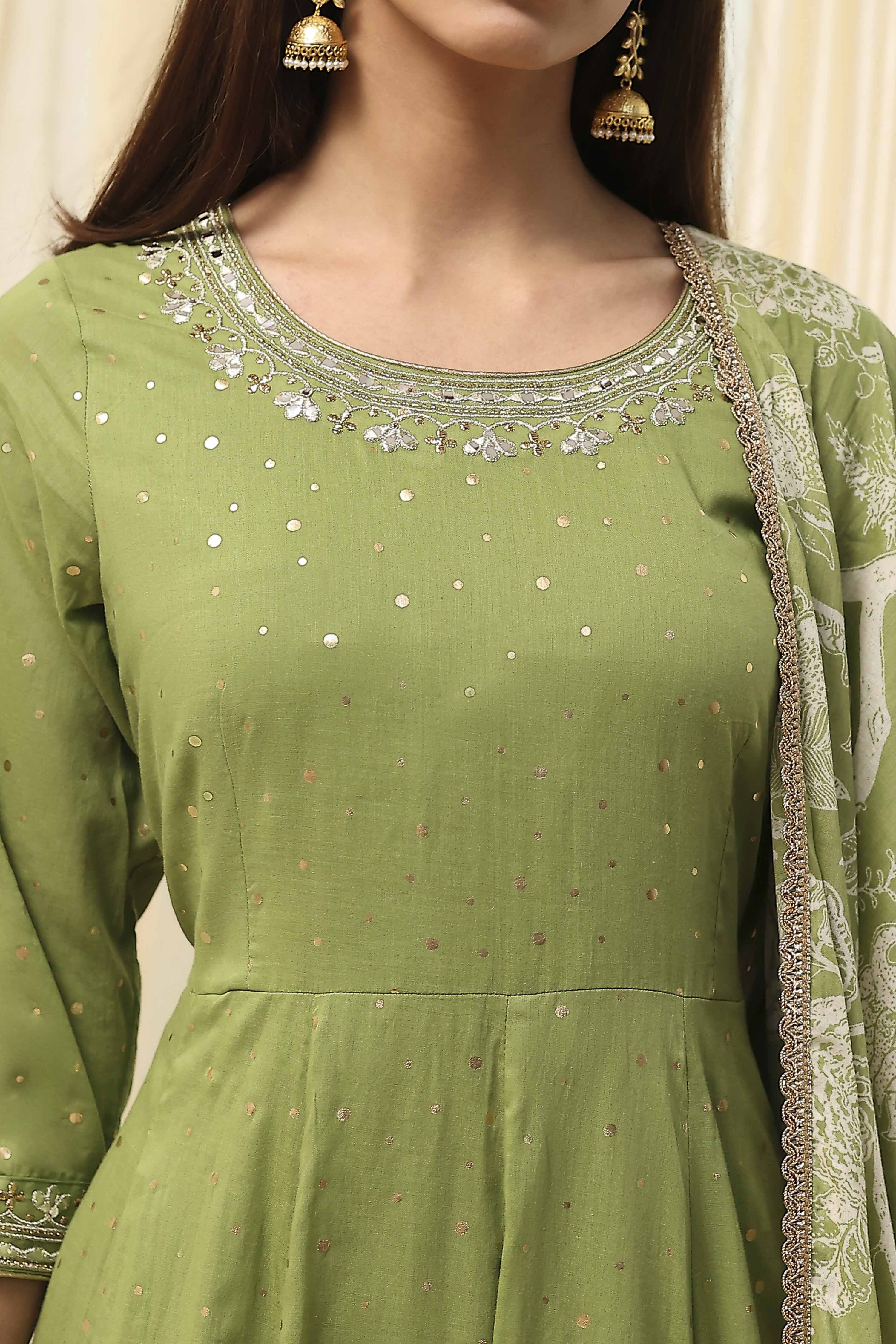 Blue Cotton Foil Printed Anarkali Suit Set image number 1