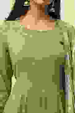 Green Cotton Foil Printed Anarkali Suit Set image number 1