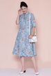 Ice Blue Cotton Linen Printed Kurta Dress