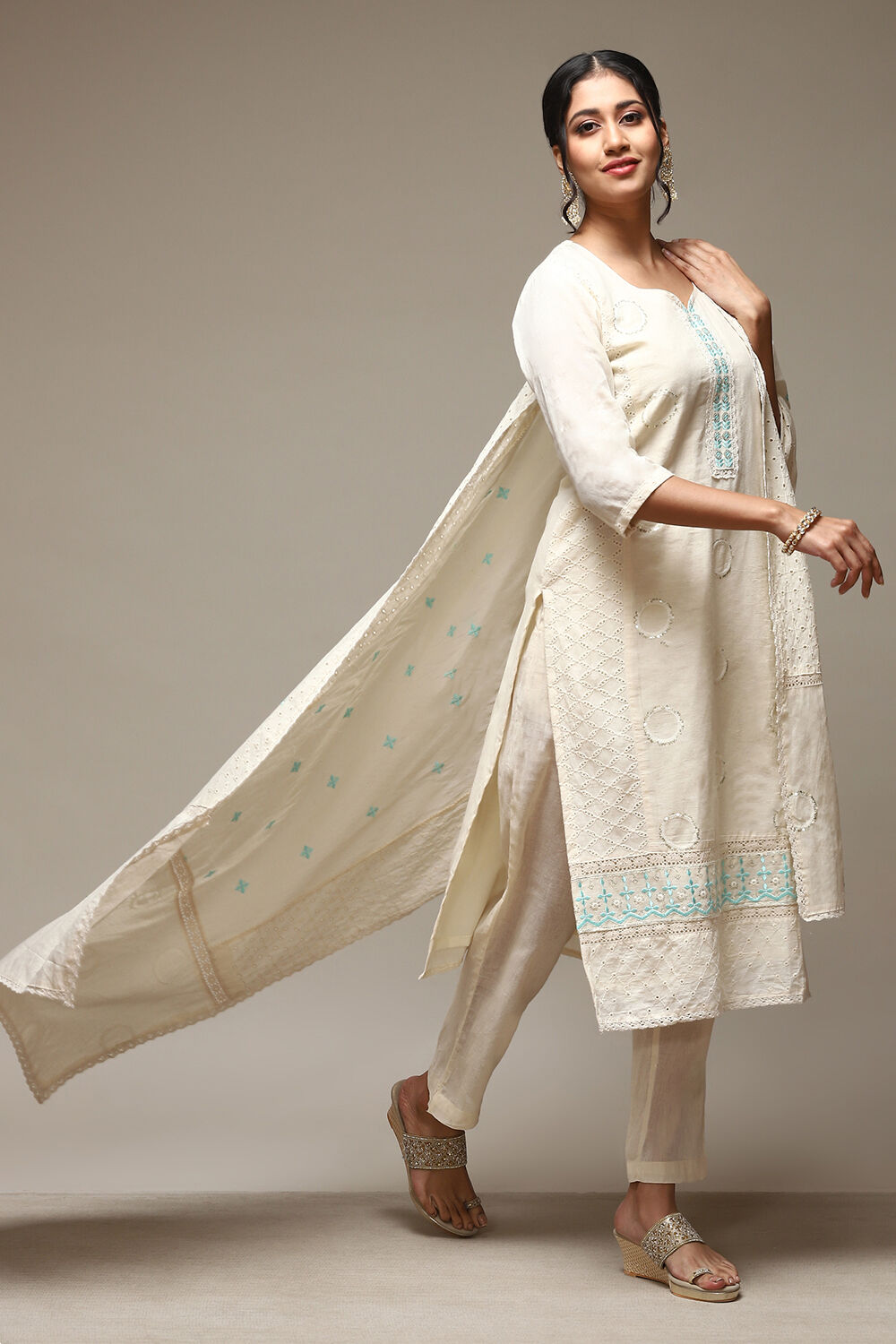 Off White Cotton Schiffly Unstitched Suit Set image number 1