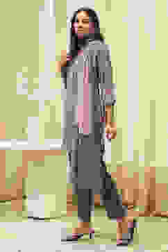 Grey & Pink Art Silk Straight Kurta Pant Suit Set image number 3