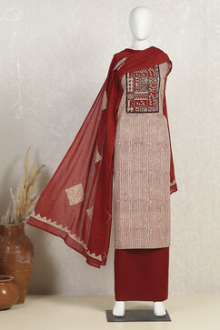 Rust Cotton Hand Block Print Unstitched Suit Set image number 4