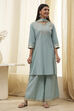 Dull Blue Cotton Embroidered Kalidar Suit Set image number 6