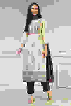 Off White Handloom Cotton Hand Block Print Unstitched Suit Set image number 1