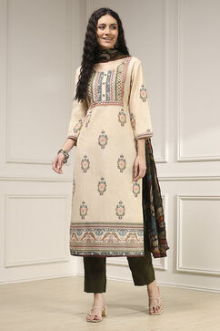 Off White Handloom Cotton Hand Block Print Unstitched Suit Set image number 1