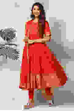 Red Cotton Anarkali Kurta Churidar Suit Set image number 4