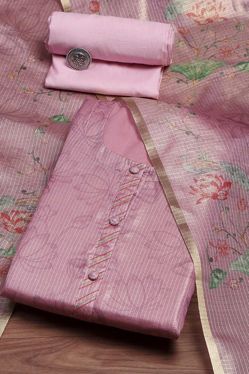 Pink Cotton Printed Unstitched Suit Set image number 0
