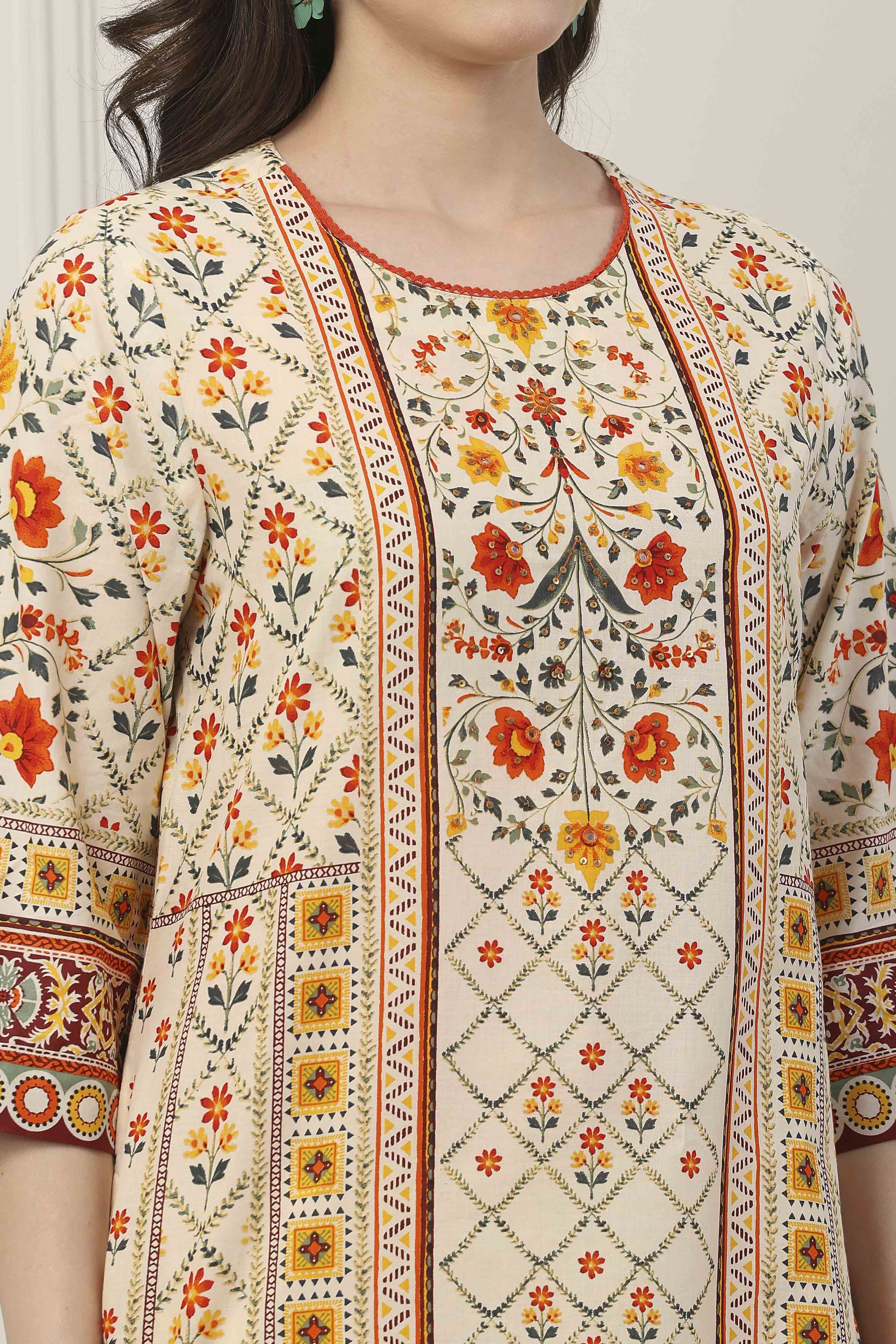 Beige Cotton All-Over Floral Straight Suit Set image number 1