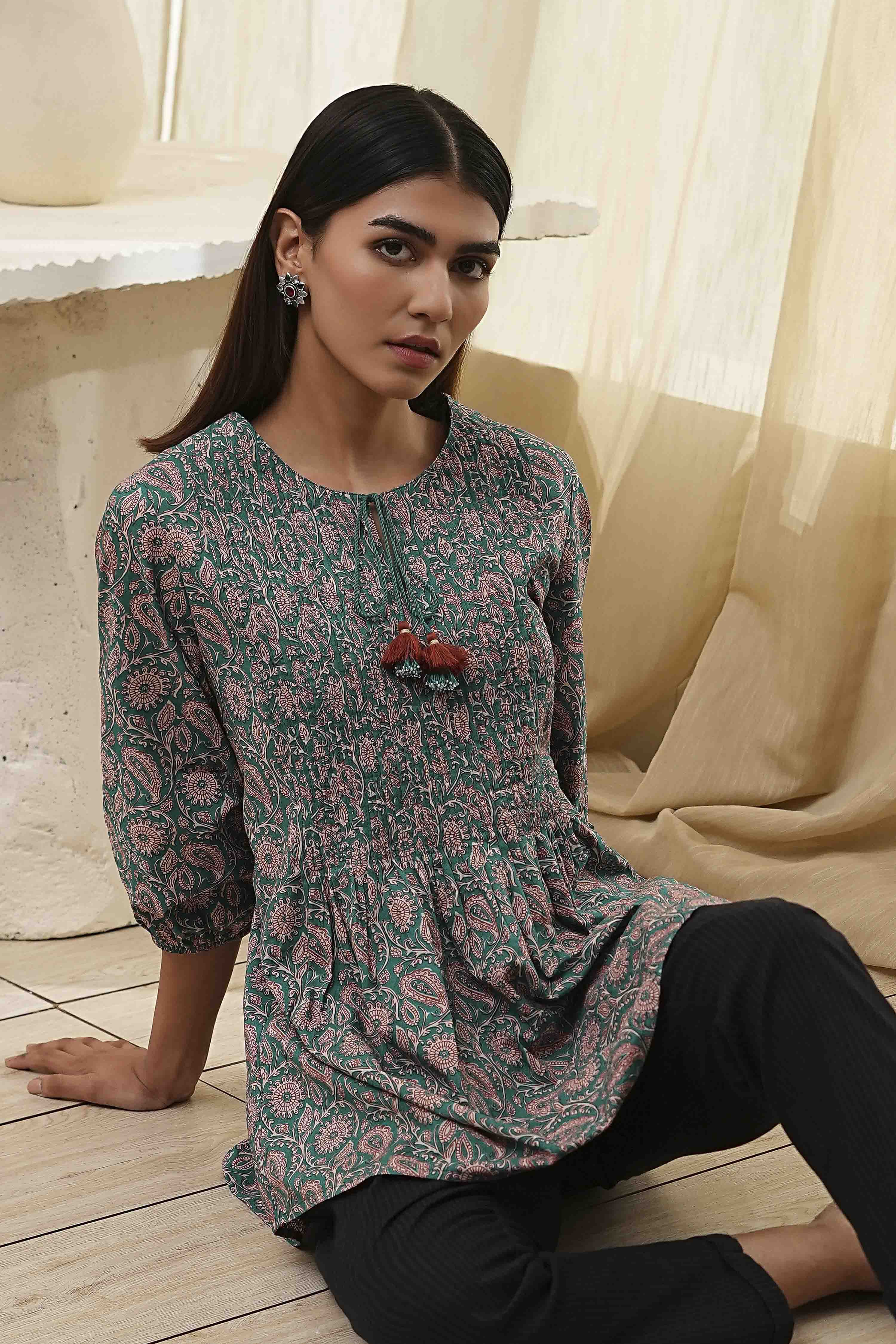 Teal Green Cotton Pleated A-Line Short Kurta image number 0
