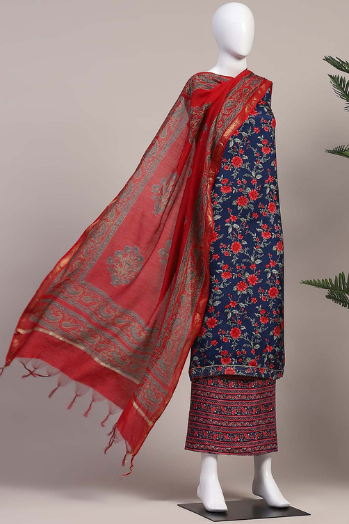 Blue Viscose Muslin Screen Print Unstitched Suit Set image number 4