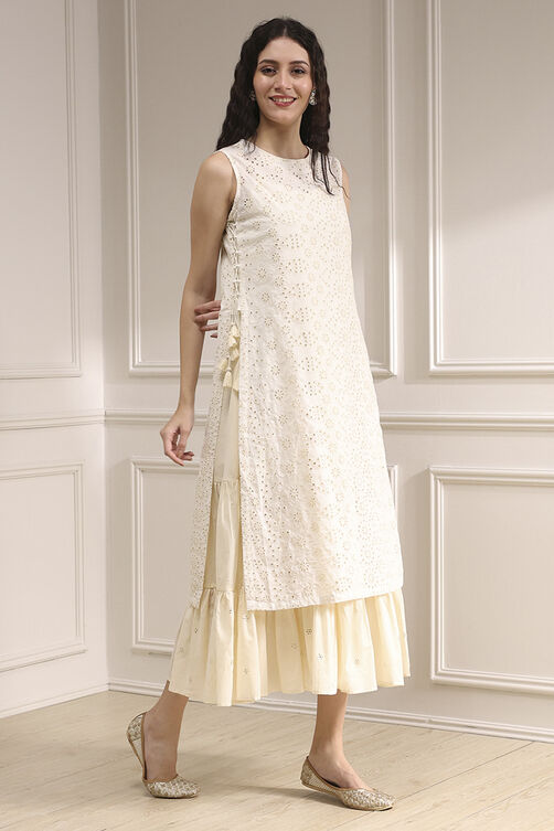Off White Cotton Layered Suit Set image number 4