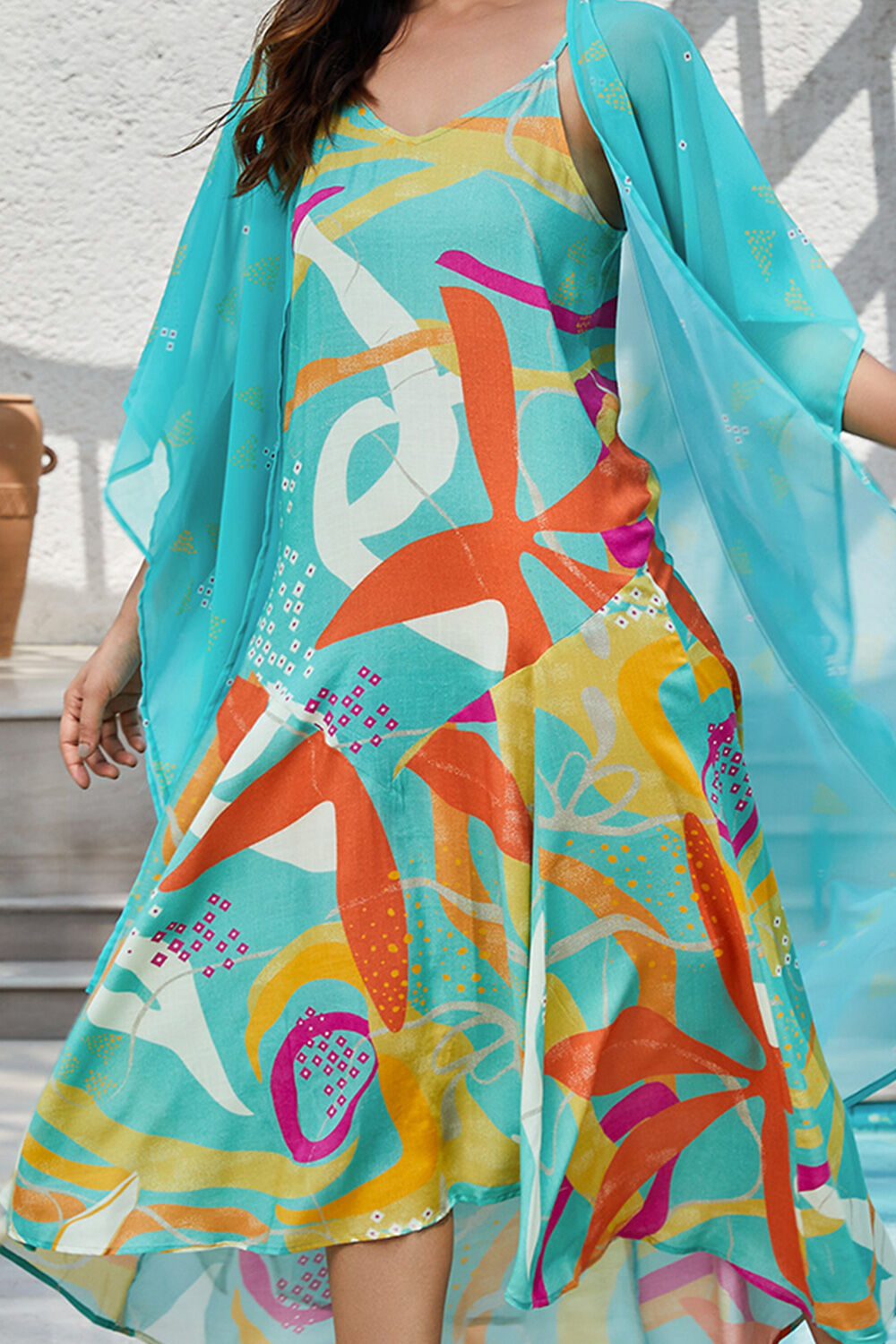 Teal Green Printed A-Line Dress with Shrug image number 1