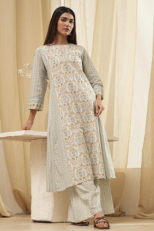 Blue Pure Cotton A-Line Kurta Set  image number 0
