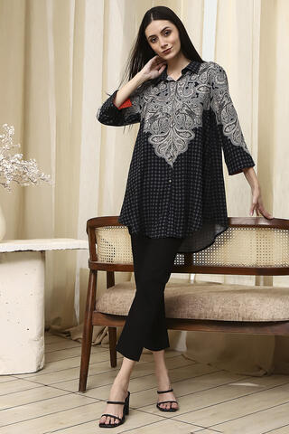 BIBA All Over Print Rayon Straight Casual Kurtis in Black