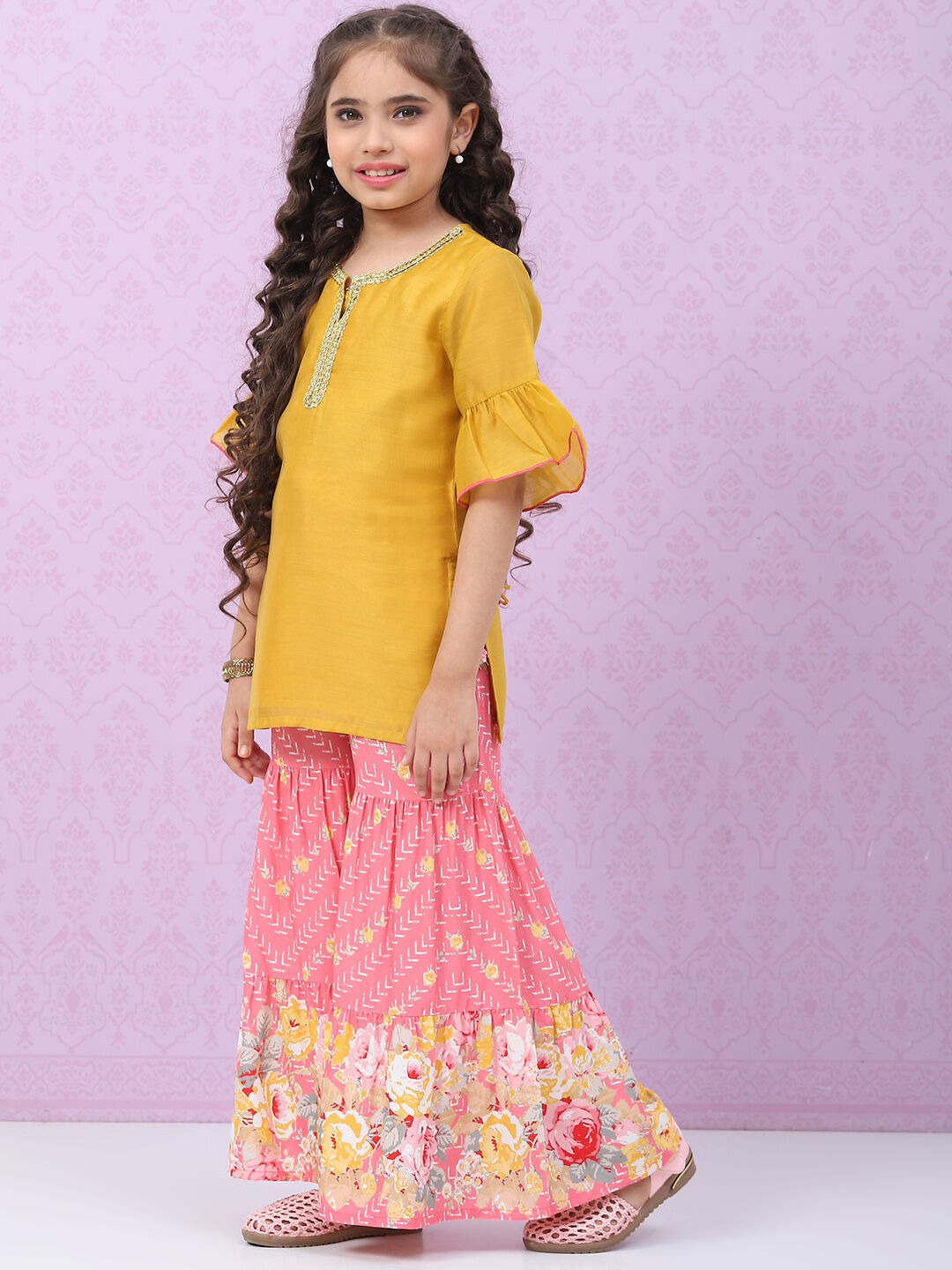 Pink & Yellow Art Silk Straight Kurta Set image number 3