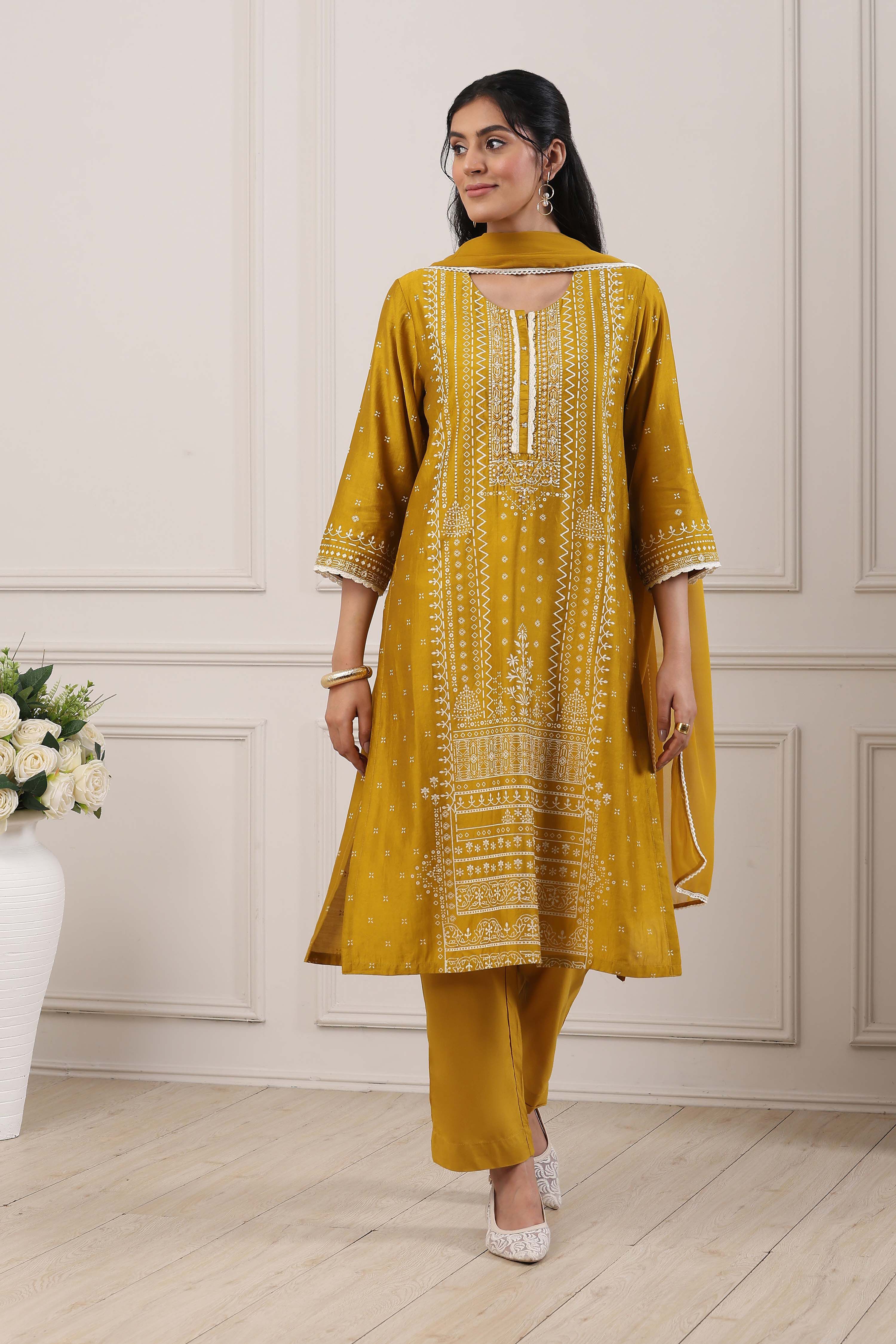 Mustard Yellow Ethnic Motifs Straight Suit Set image number 6