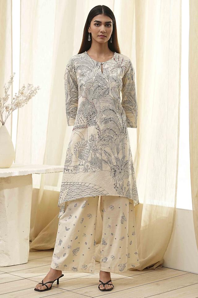 BIBA Off White Cotton Straight Printed Kurta Set in Off White