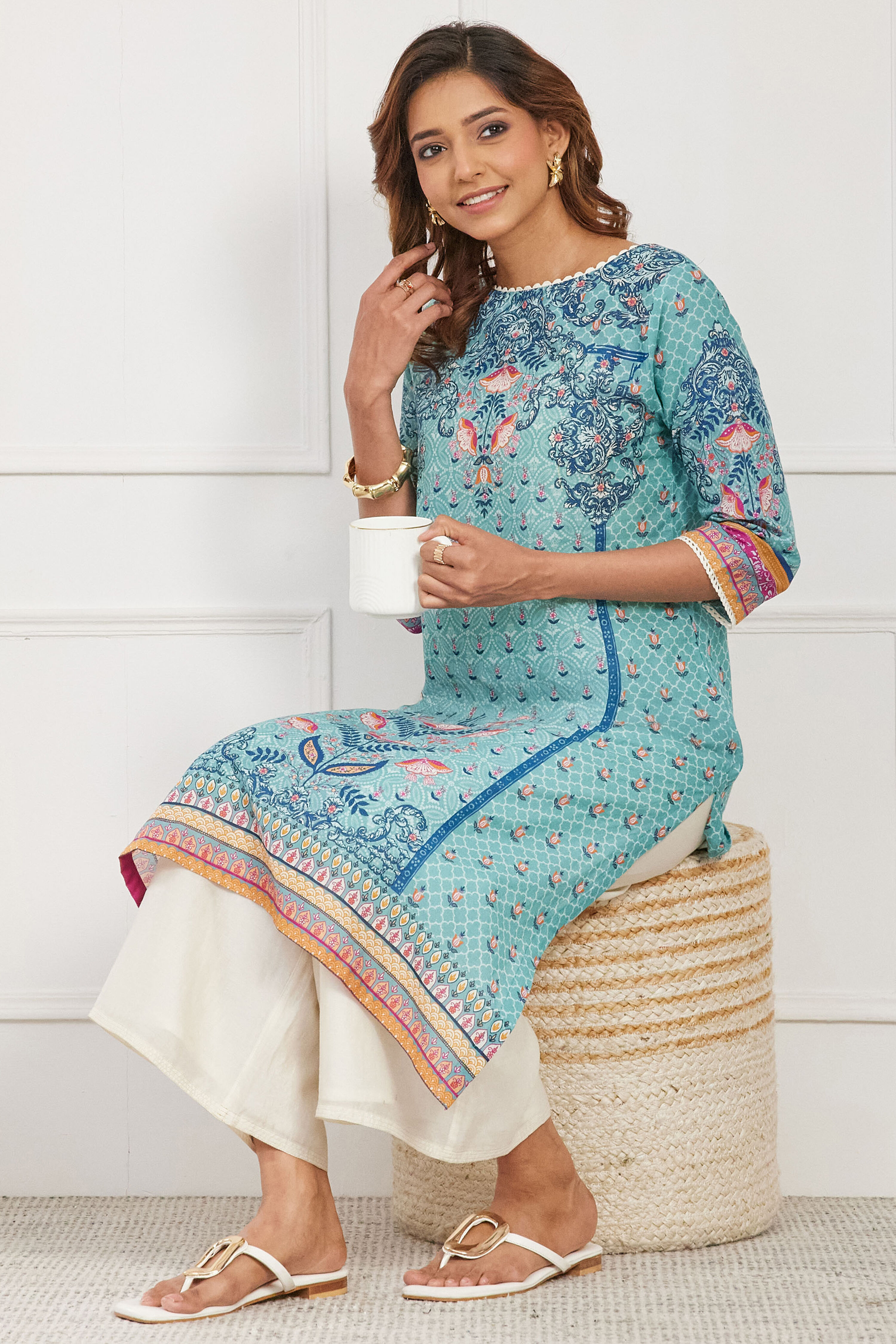 Pink Cotton Printed Straight Kurta image number 5