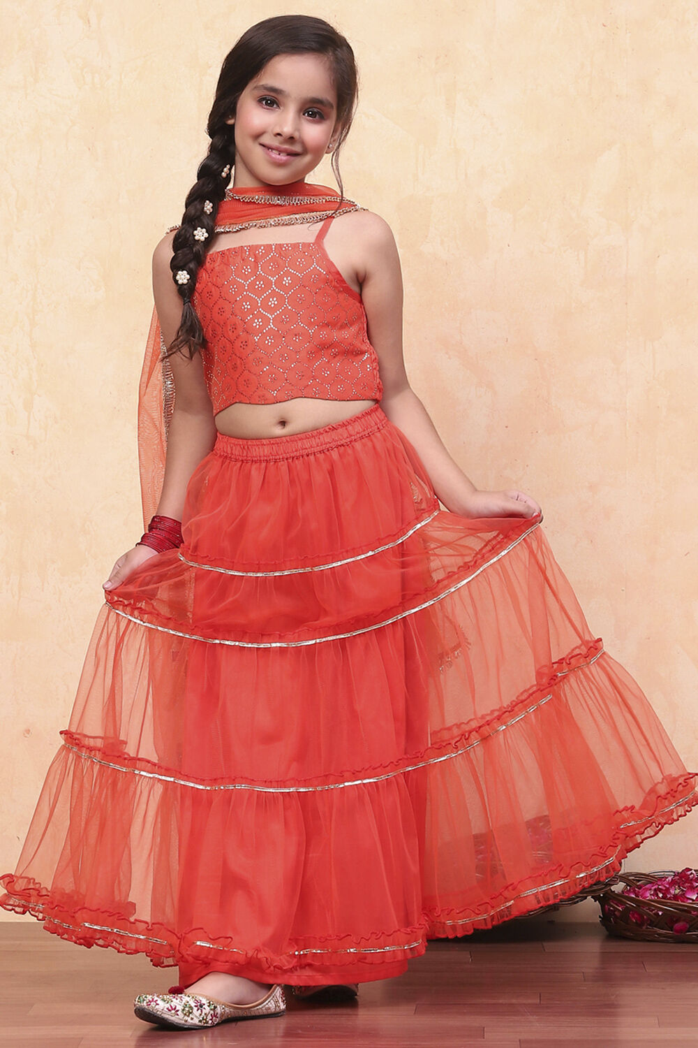 Orange Poly Chanderi Metallic Tiered Flared Lehenga Set image number 0
