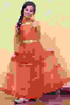 Orange Poly Chanderi Metallic Tiered Flared Lehenga Set image number 0