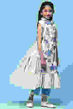 White & Blue Printed Cotton Tiered Kurta With Pants & Scarf image number 6