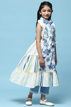 White & Blue Printed Cotton Tiered Kurta With Pants & Scarf image number 6
