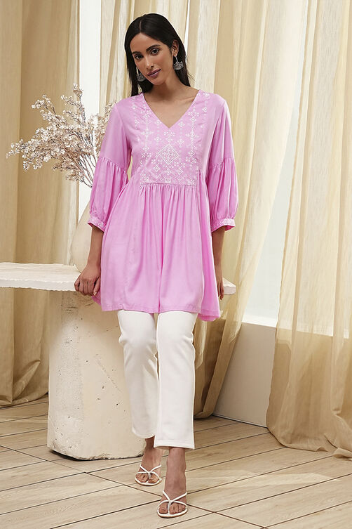 Pink Solid Flared Short Kurta image number 0
