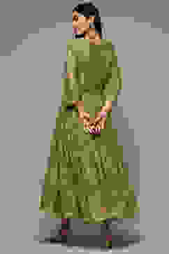 Green Cotton Blend Tiered Printed Dress image number 2