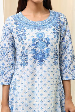 Off-White and Blue Cotton Floral Kalidar Suit Set image number 1