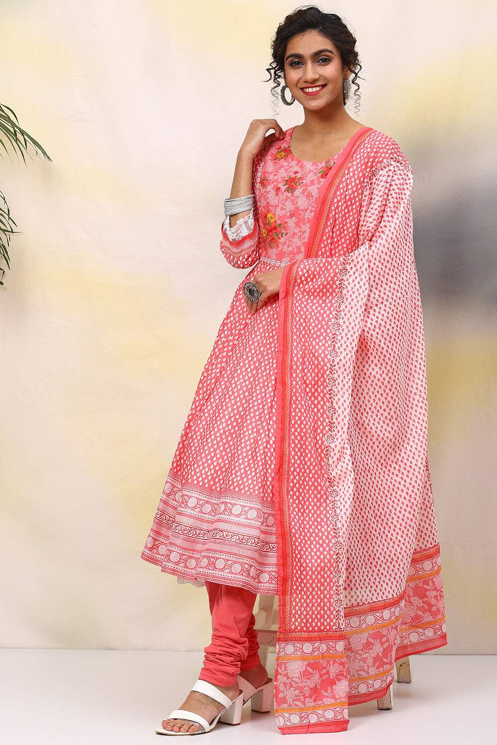 Coral Red Cotton Anarkali Kurta Churidar Suit Set image number 7