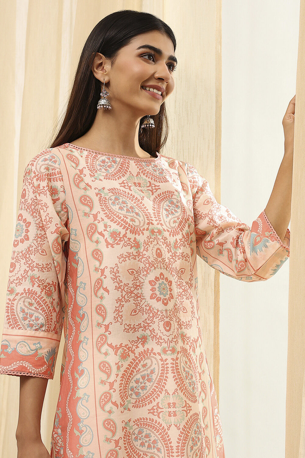 Peach-Colored Cotton Printed Straight Kurta image number 1