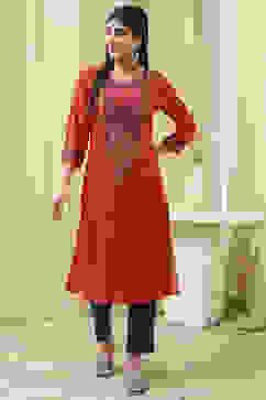 Red Printed Straight Kurta image number 0