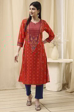 Red Viscose Rayon Straight Printed Kurta image number 0