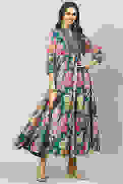 Teal Art Silk Flared Printed Dress image number 0