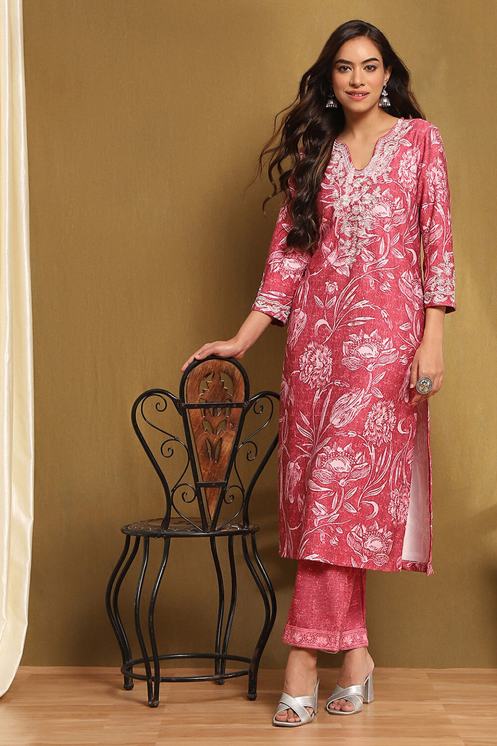 Old Rose Polyester Blend Straight Kurta Pants Set image number 0