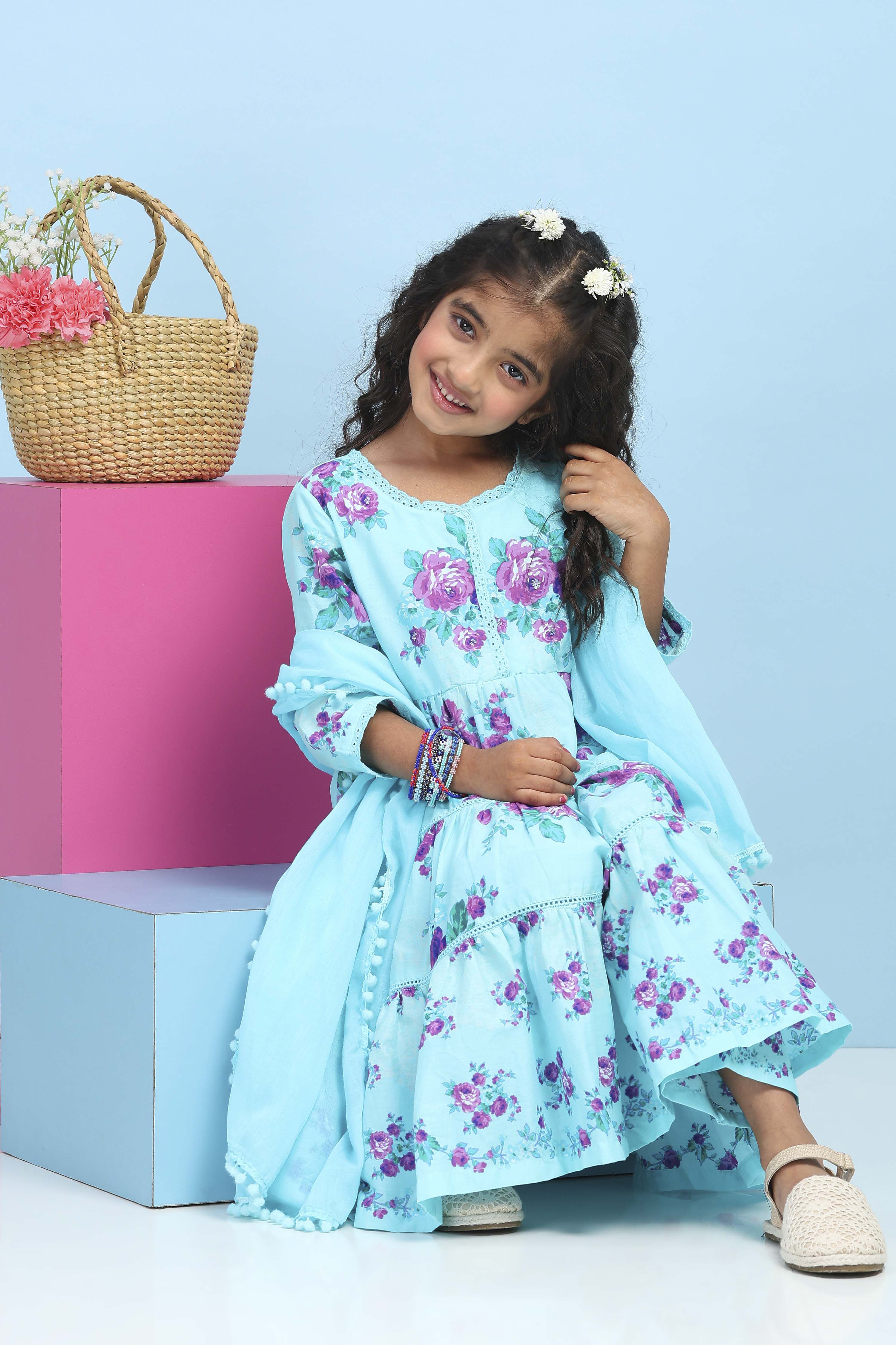 Blue Cotton Printed Tiered Suit Set image number 0