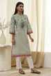 Beige and Blue Cotton Floral Straight Kurta image number 4